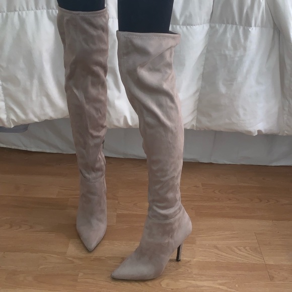 Light Grey Suade Over the Knee Boots - Picture 4 of 5